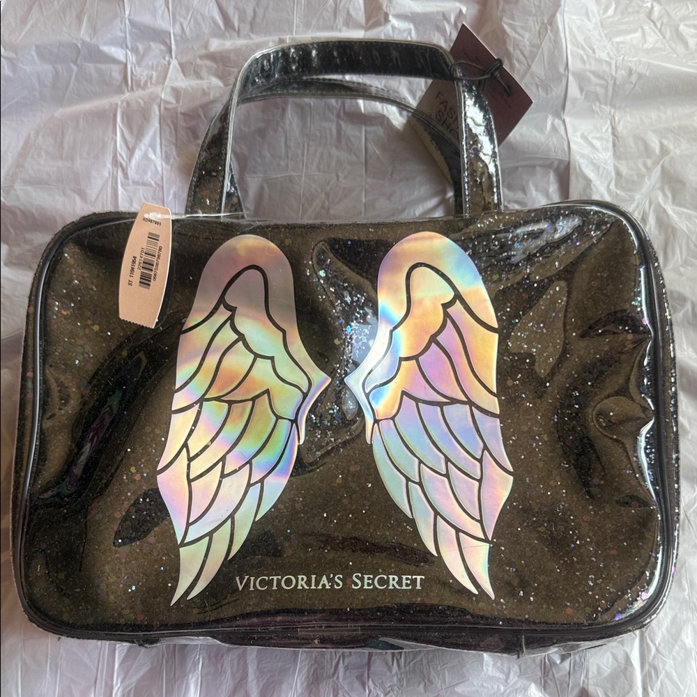 Victoria's Secret Black Glitter Cosmetic Bag with Iridescent Wings